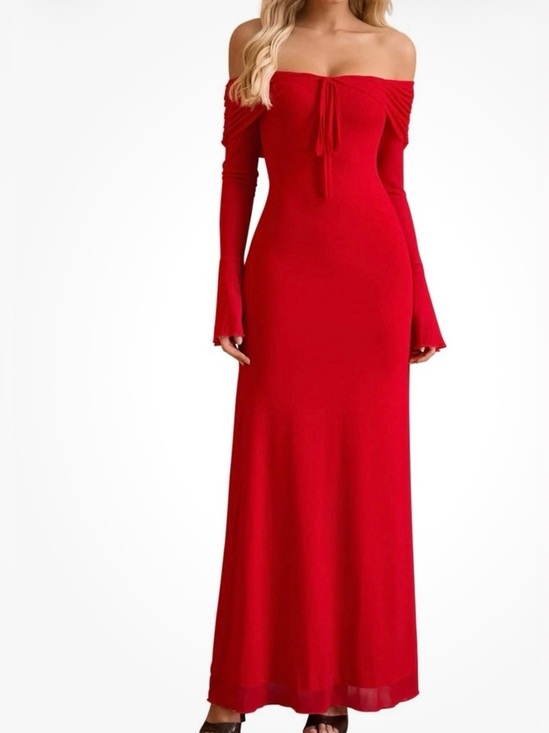 Kutumai Dresses & Skirts - NEW KUTUMAI Off-Shoulder Red Long-Sleeve Maxi Dress with Fluted Cuffs stretch